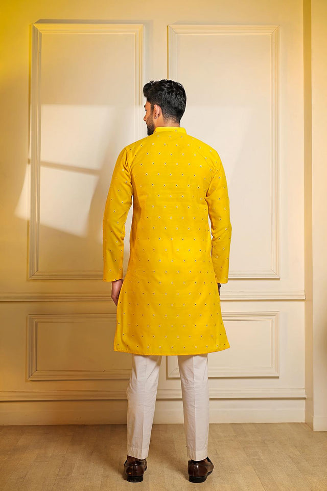 Mens Yellow Woven Cotton Kurta Set (ACA7235)
