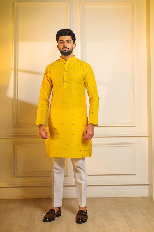 Mens Yellow Woven Cotton Kurta Set (ACA7235)