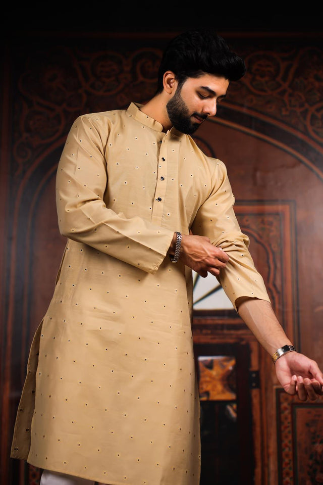 Mens Brown Woven Cotton Kurta Set (ACA7236)