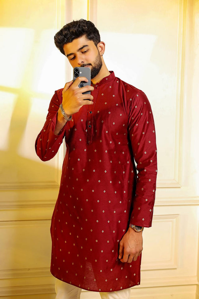 Mens Maroon Woven Cotton Kurta Set (ACA7237)