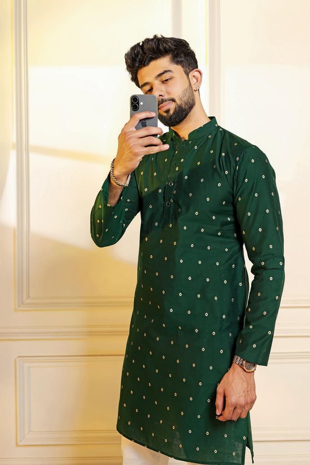 Mens Green Woven Cotton Kurta Set (ACA7240)