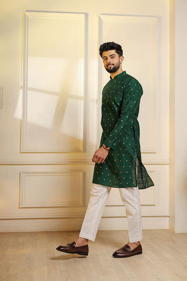 Mens Green Woven Cotton Kurta Set (ACA7240)