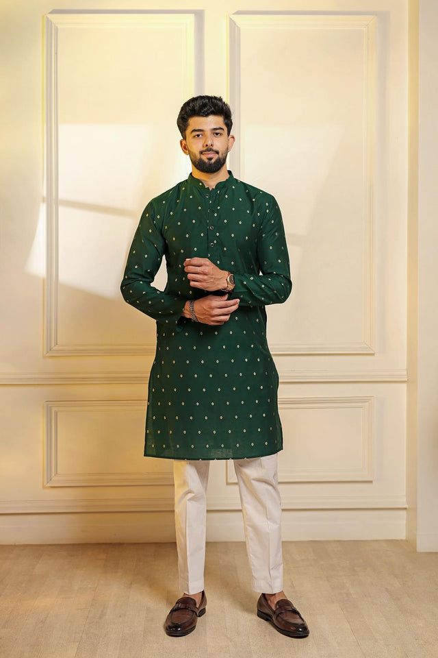 Mens Green Woven Cotton Kurta Set (ACA7240)