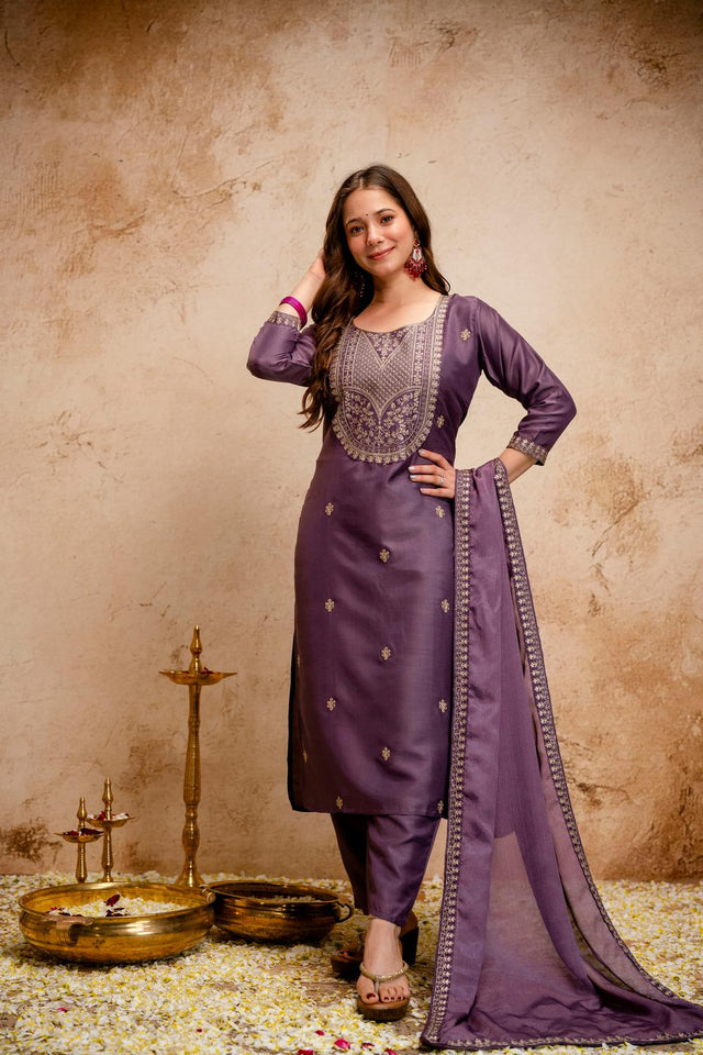 Pink Floral Embroidered Chanderi Straight Cut Suits (ACA7242)