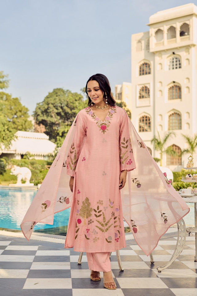 Peach Floral Embroidered Chanderi Straight Cut Suits (ACA7245)