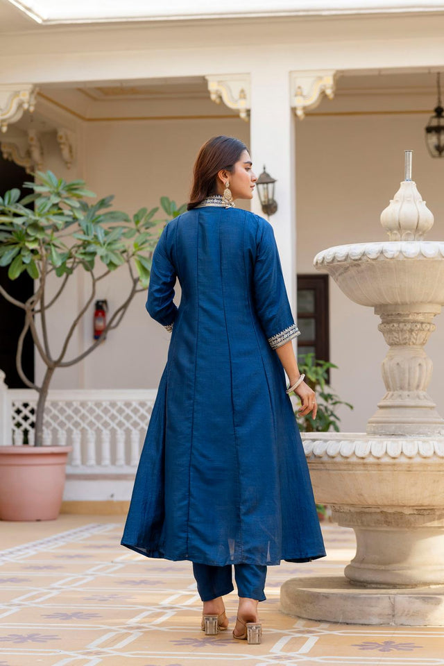 Blue Floral Embroidered Silk Anarkali Suits (ACA7246)