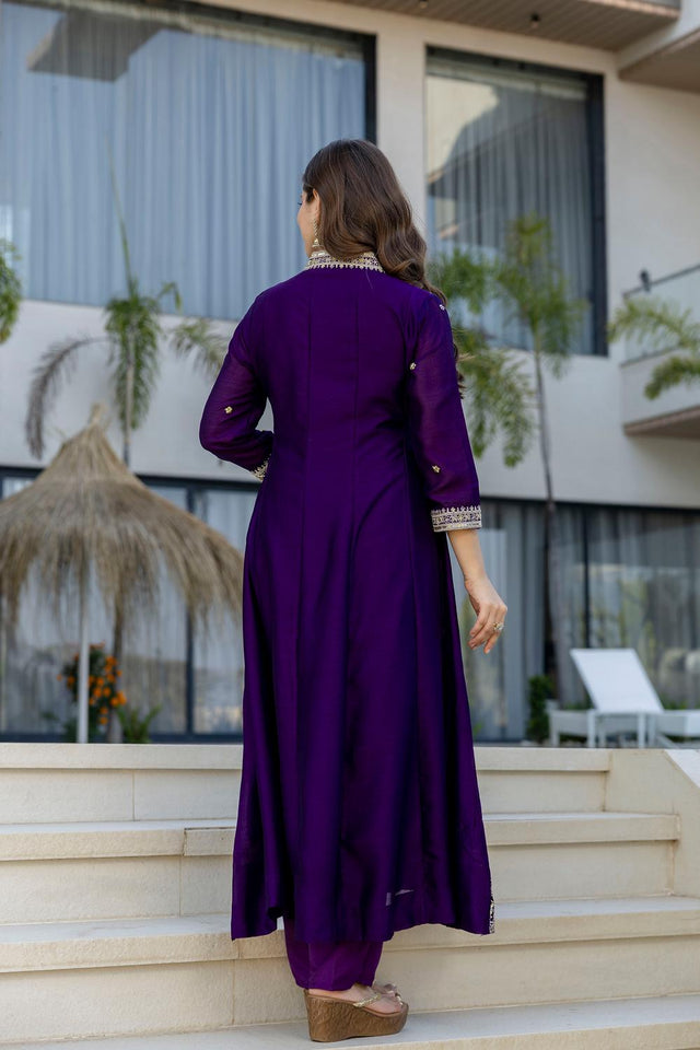 Violet Floral Embroidered Silk Anarkali Suits (ACA7247)