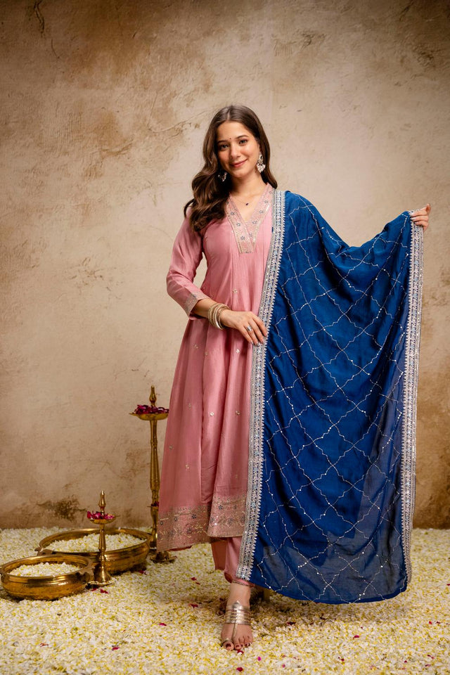 Pink Floral Embroidered Silk Anarkali Suits (ACA7249)