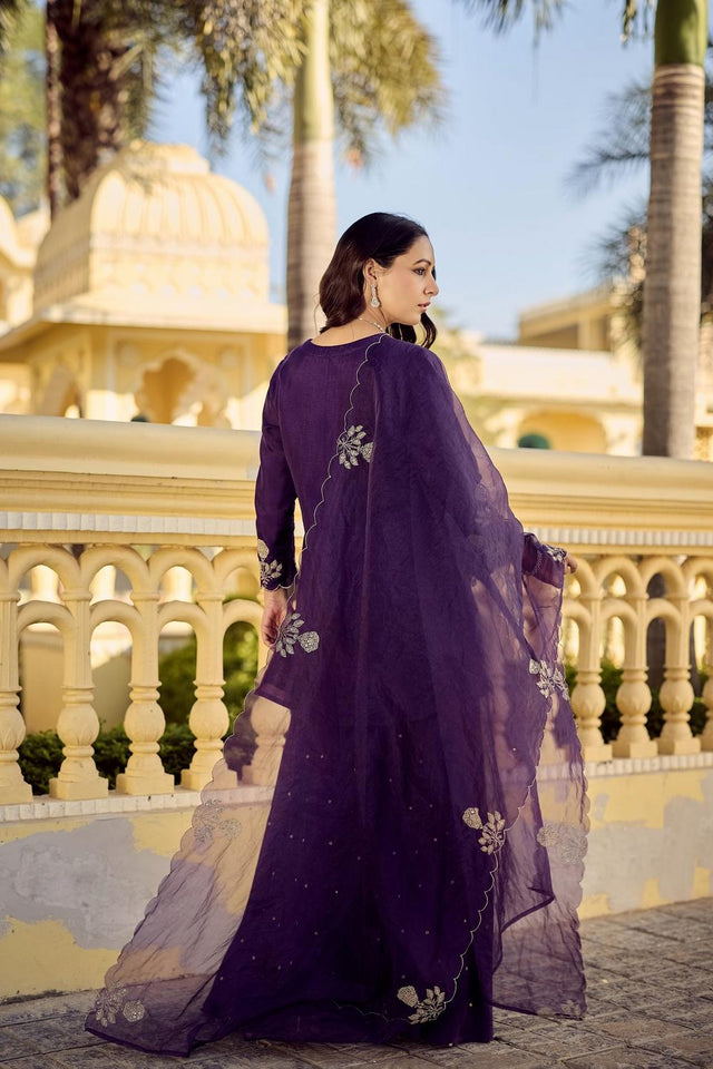 Violet Floral Embroidered Chanderi Sharara Suits (ACA7250)