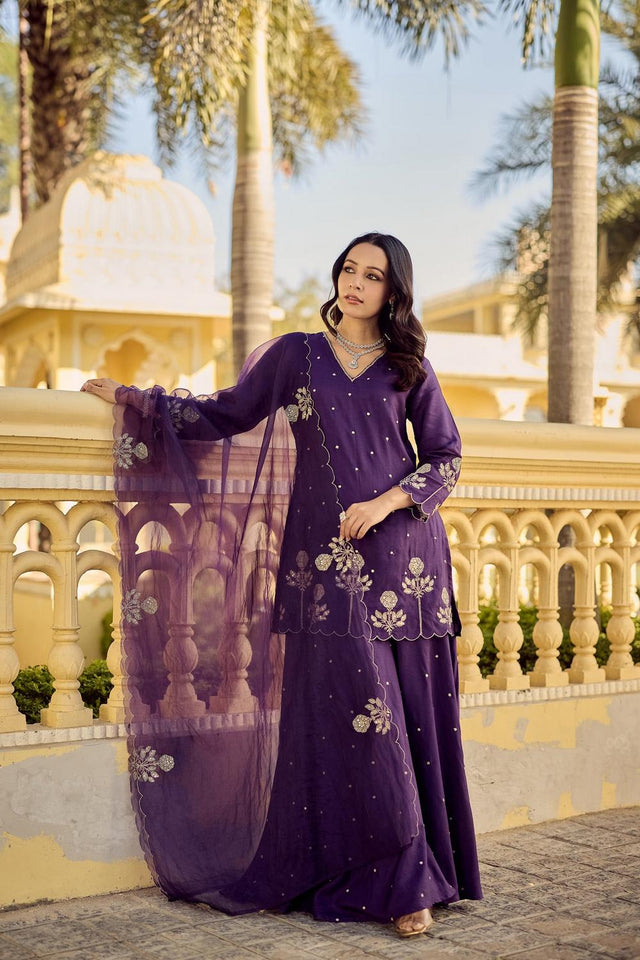 Violet Floral Embroidered Chanderi Sharara Suits (ACA7250)