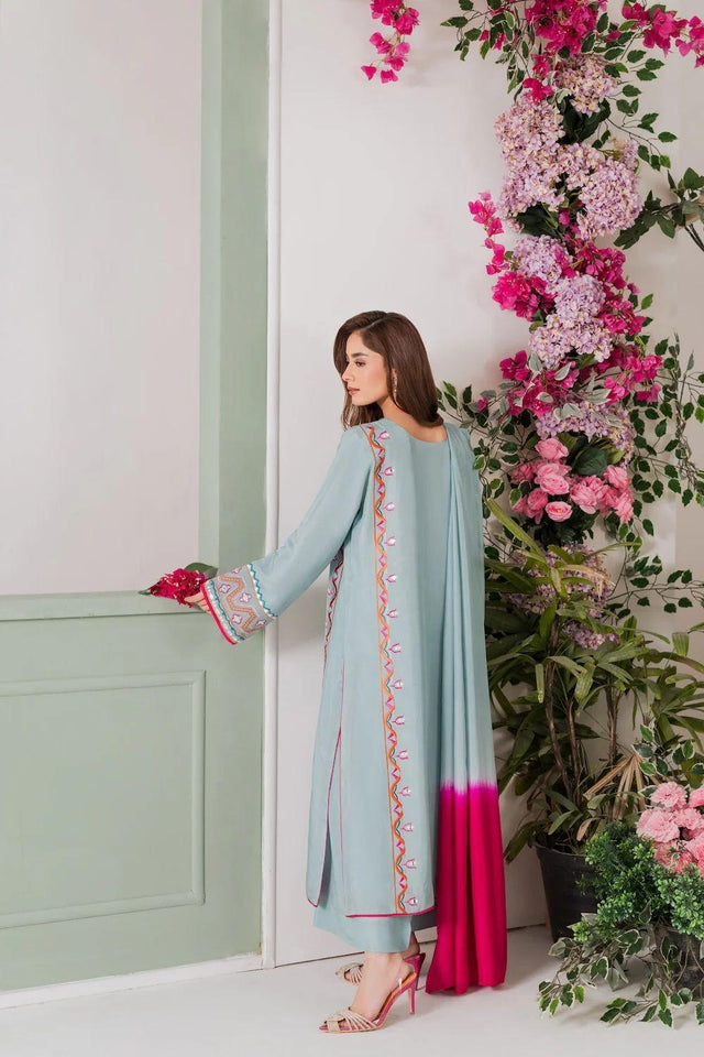 Blue Floral Embroidered Crepe Palazzo Suits (ACA7251)