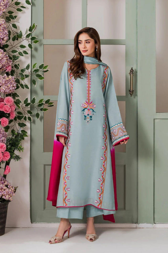 Blue Floral Embroidered Crepe Palazzo Suits (ACA7251)