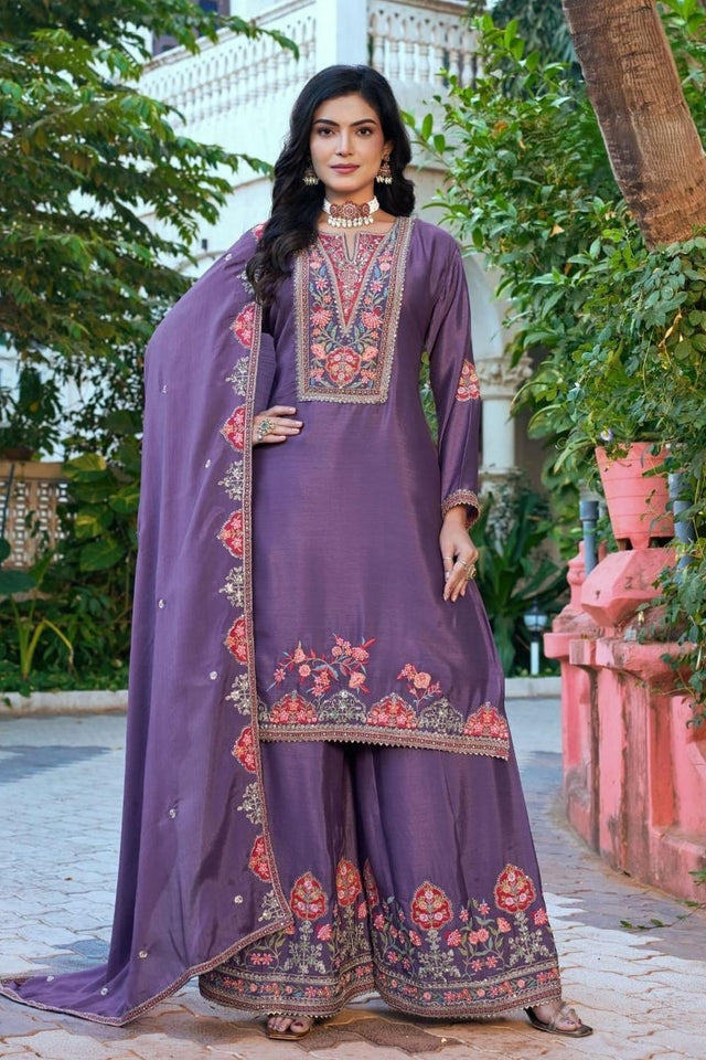 Free Size Stitched Violet Floral Embroidered Chinon Palazzo Suits (ACA7253)