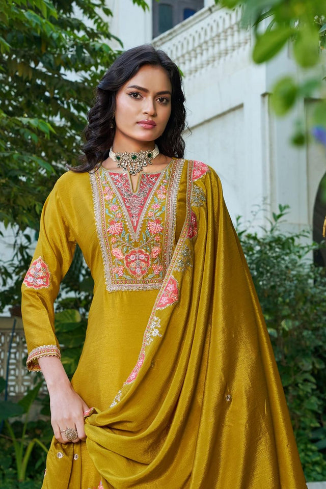 Free Size Stitched Mustard Floral Embroidered Chinon Palazzo Suits (ACA7255)