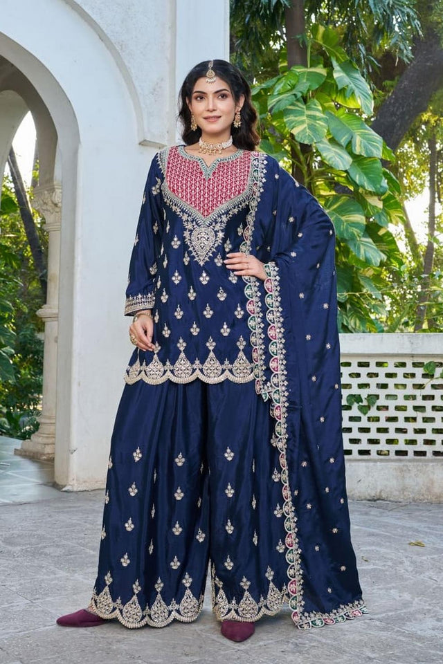 Free Size Stitched Blue Embroidered Chinon Palazzo Suits (ACA7258)