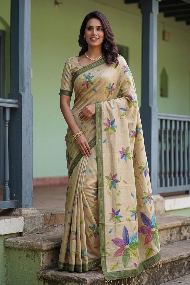 Beige Floral Printed with Thread Work Silk Saree (ACA7263)