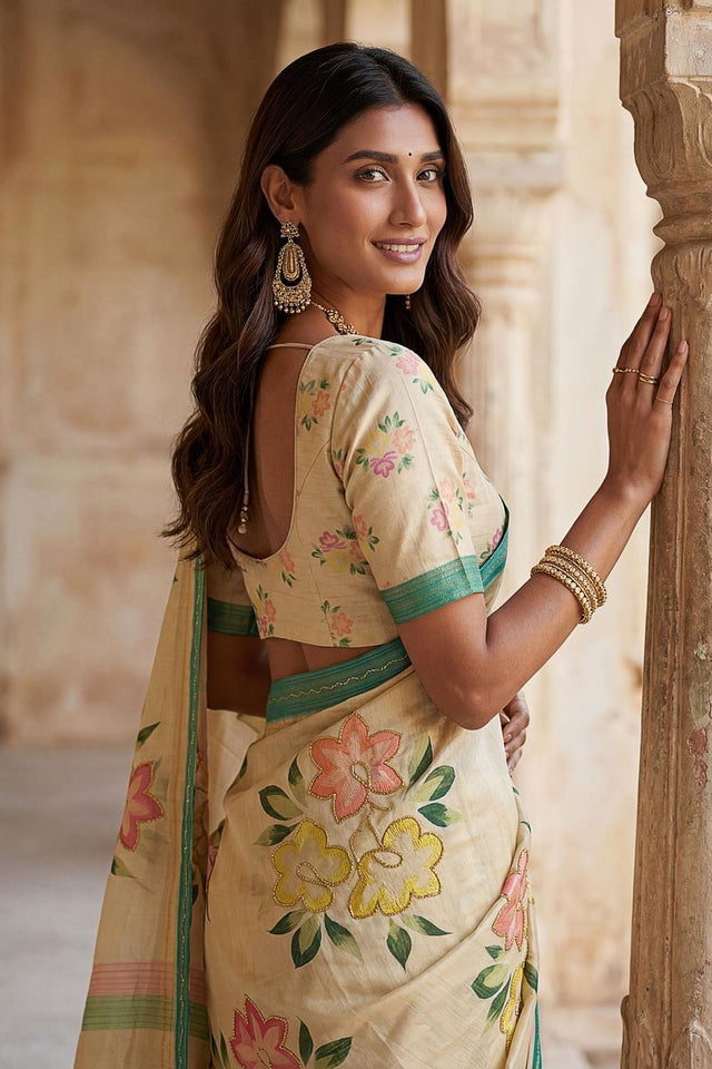 Beige Floral Printed with Thread Work Silk Saree (ACA7265)