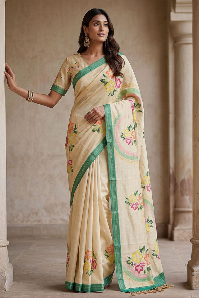 Beige Floral Printed with Thread Work Silk Saree (ACA7265)