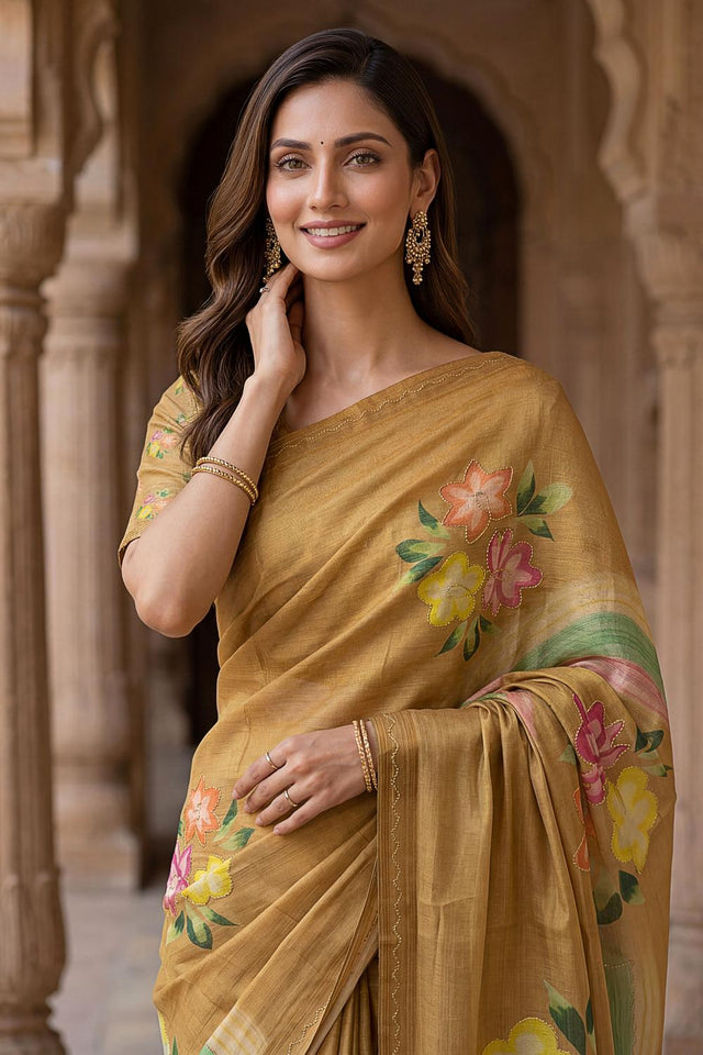 Gold Floral Printed with Thread Work Silk Saree (ACA7266)