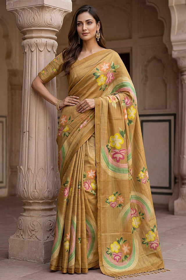 Gold Floral Printed with Thread Work Silk Saree (ACA7266)