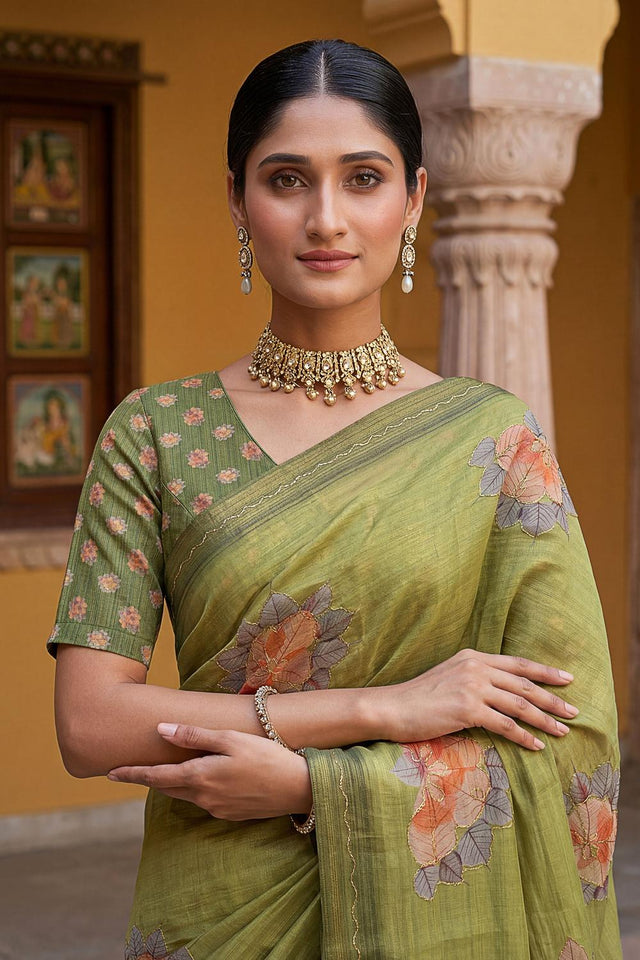 Mehendi Floral Printed with Thread Work Silk Saree (ACA7267)