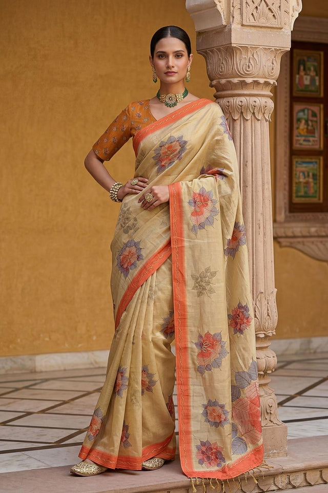 Peach Floral Printed with Thread Work Silk Saree (ACA7268)
