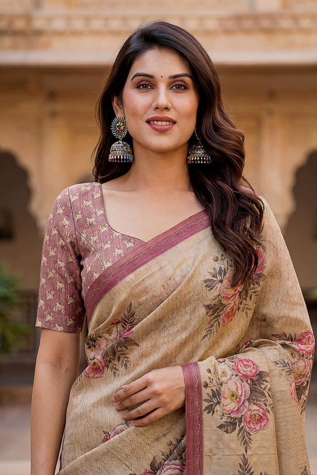 Beige Floral Printed with Thread Work Silk Saree (ACA7269)