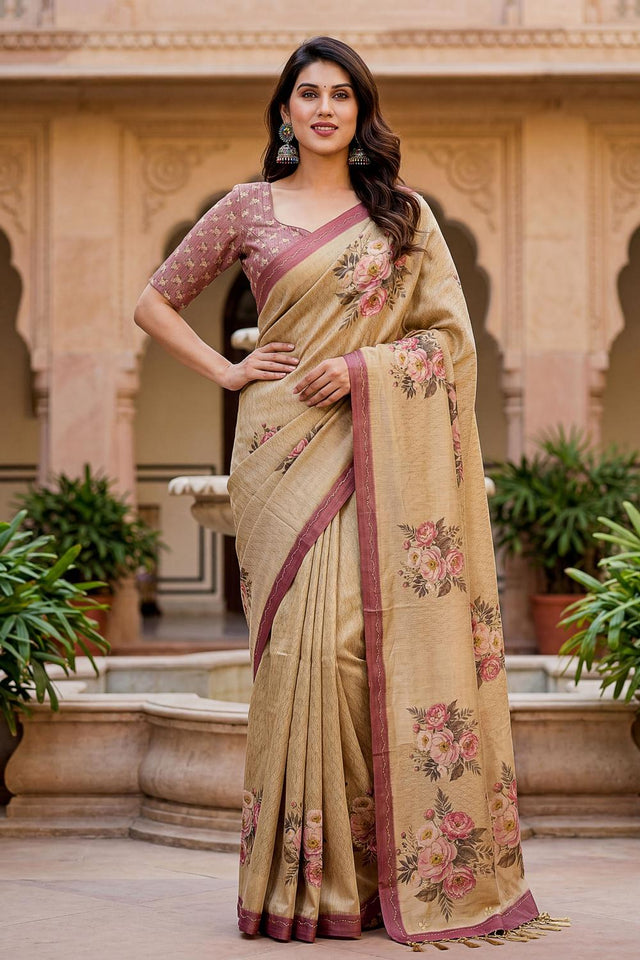 Beige Floral Printed with Thread Work Silk Saree (ACA7269)