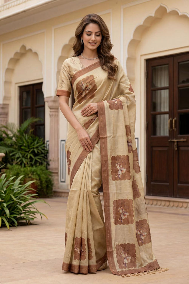Brown Floral Printed with Thread Work Silk Saree (ACA7271)