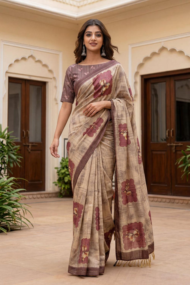 Brown Floral Printed with Thread Work Silk Saree (ACA7272)