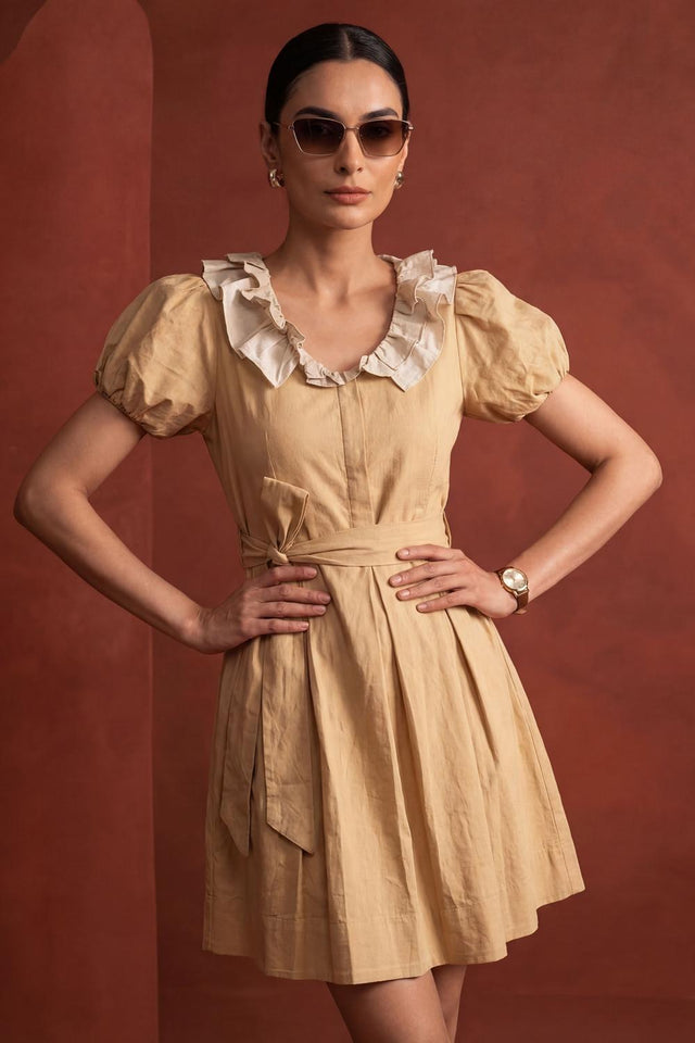 Mustard Solid Linen Dresses (ACA7282)