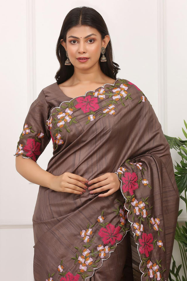 Brown Floral Embroidered Silk Saree (ACA7284)