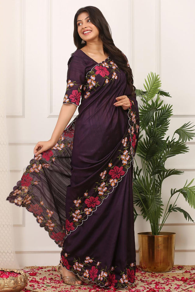 Violet Floral Embroidered Silk Saree (ACA7285)