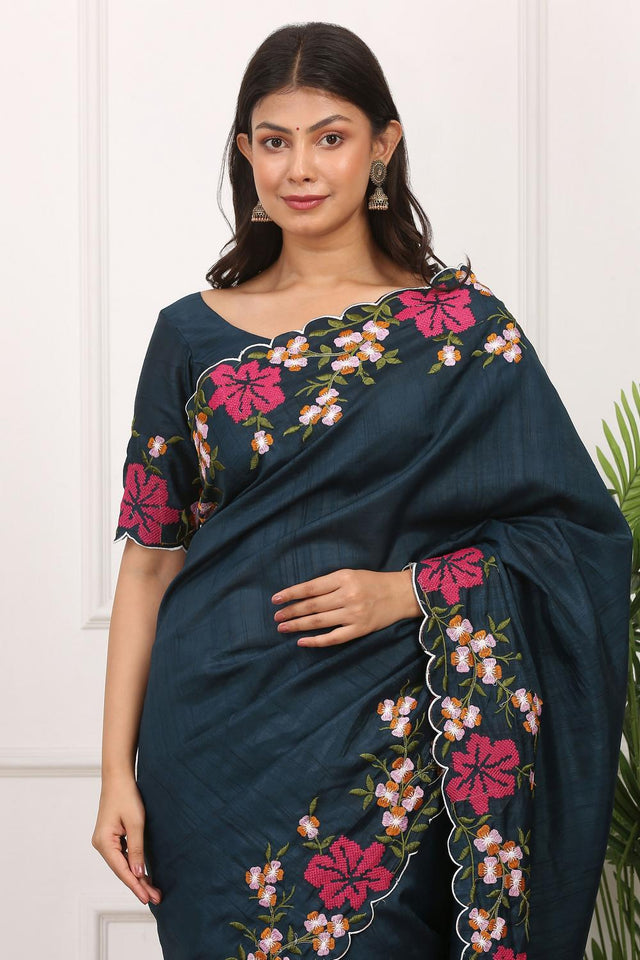 Blue Floral Embroidered Silk Saree (ACA7286)