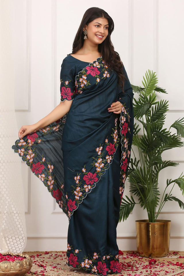 Blue Floral Embroidered Silk Saree (ACA7286)