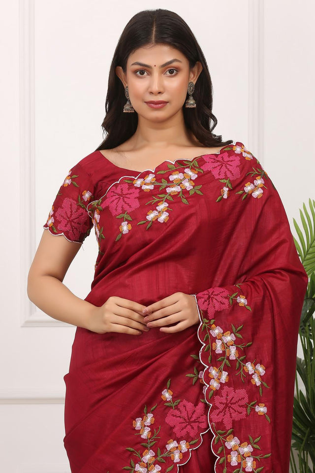 Red Floral Embroidered Silk Saree (ACA7287)