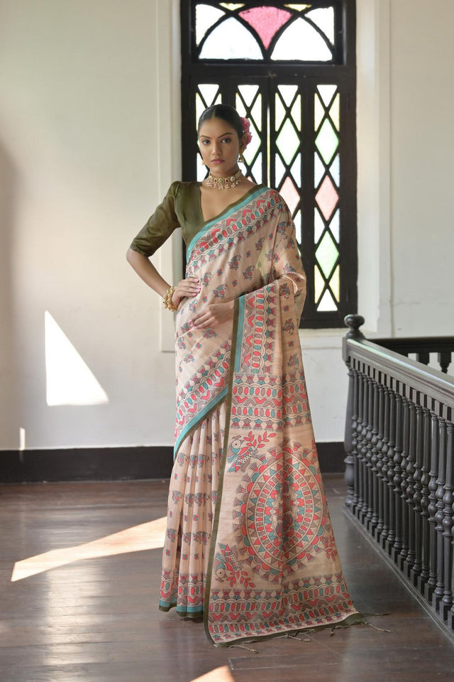 Mehendi Madhubani Printed Tussar Saree (ACA7290)