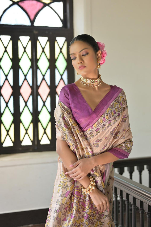 Violet Madhubani Printed Tussar Saree (ACA7293)