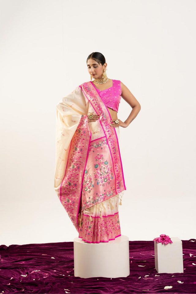 Cream Paithani Woven Banarasi Silk Saree (ACA7296)