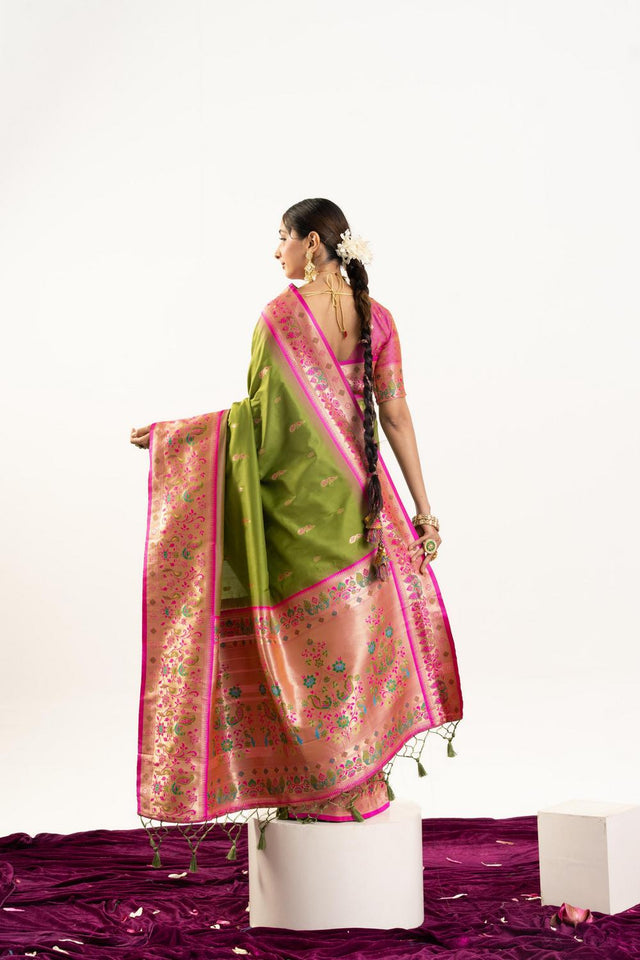 Mehendi Paithani Woven Banarasi Silk Saree (ACA7298)