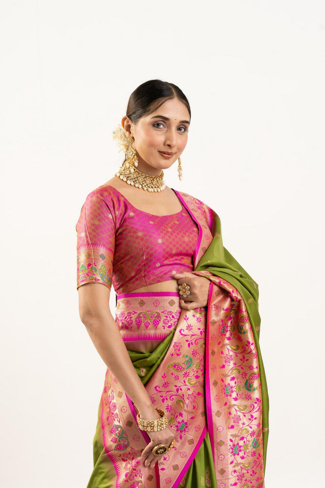 Mehendi Paithani Woven Banarasi Silk Saree (ACA7298)