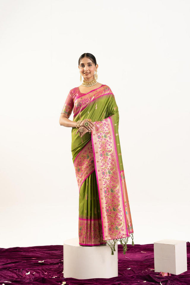 Mehendi Paithani Woven Banarasi Silk Saree (ACA7298)