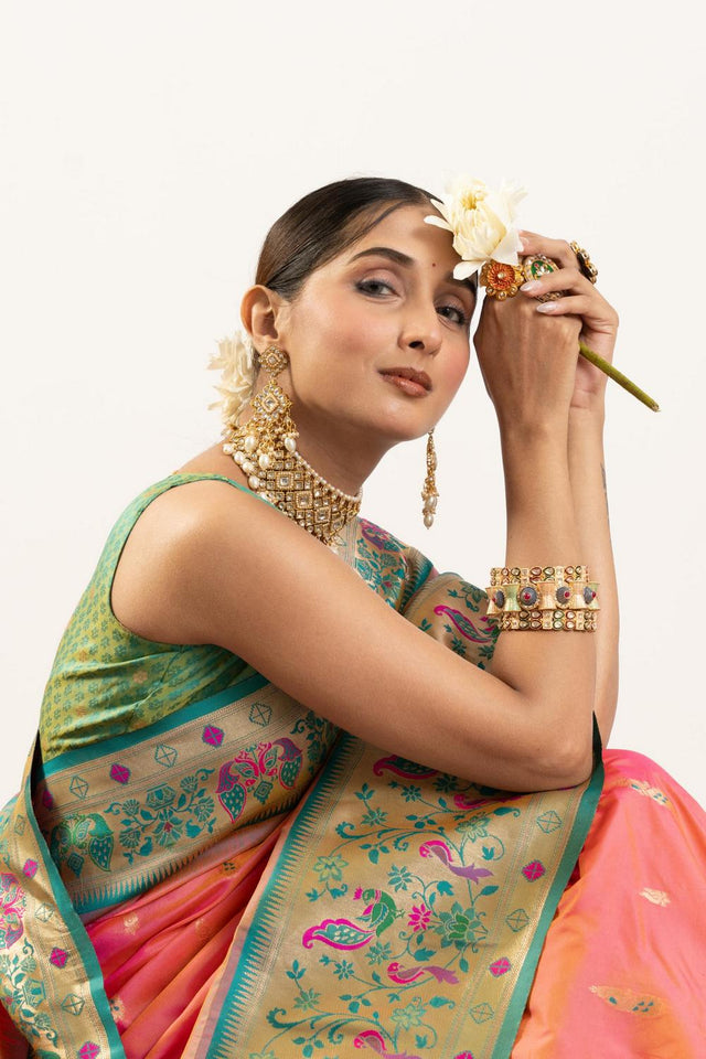 Peach Paithani Woven Banarasi Silk Saree (ACA7299)