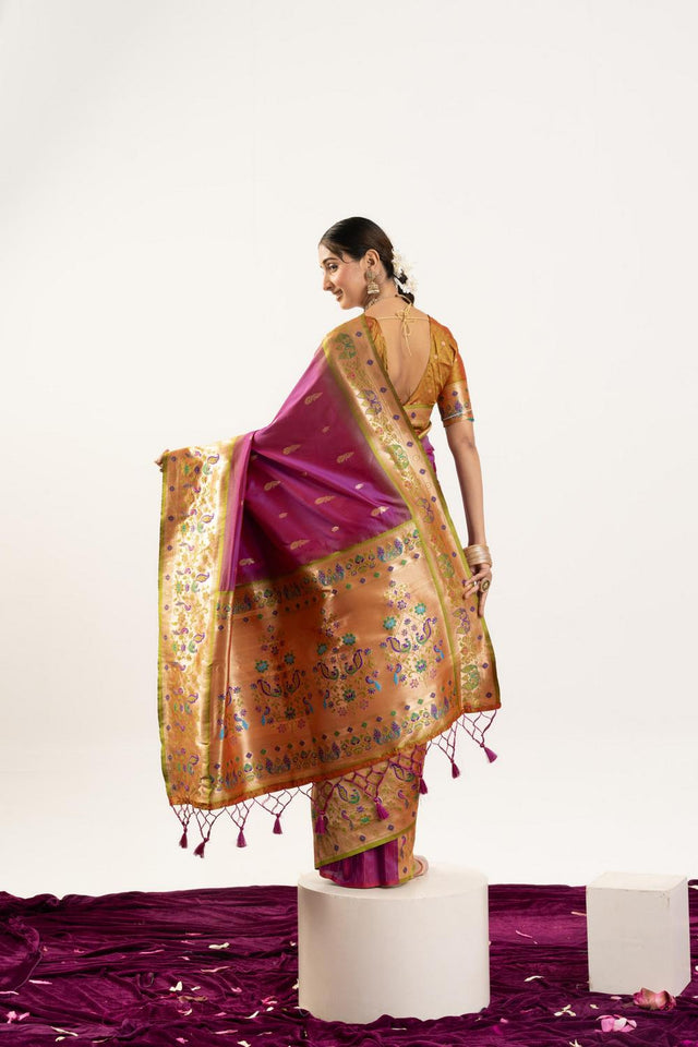 Wine Paithani Woven Banarasi Silk Saree (ACA7302)