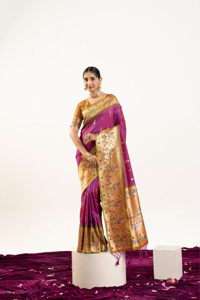 Wine Paithani Woven Banarasi Silk Saree (ACA7302)