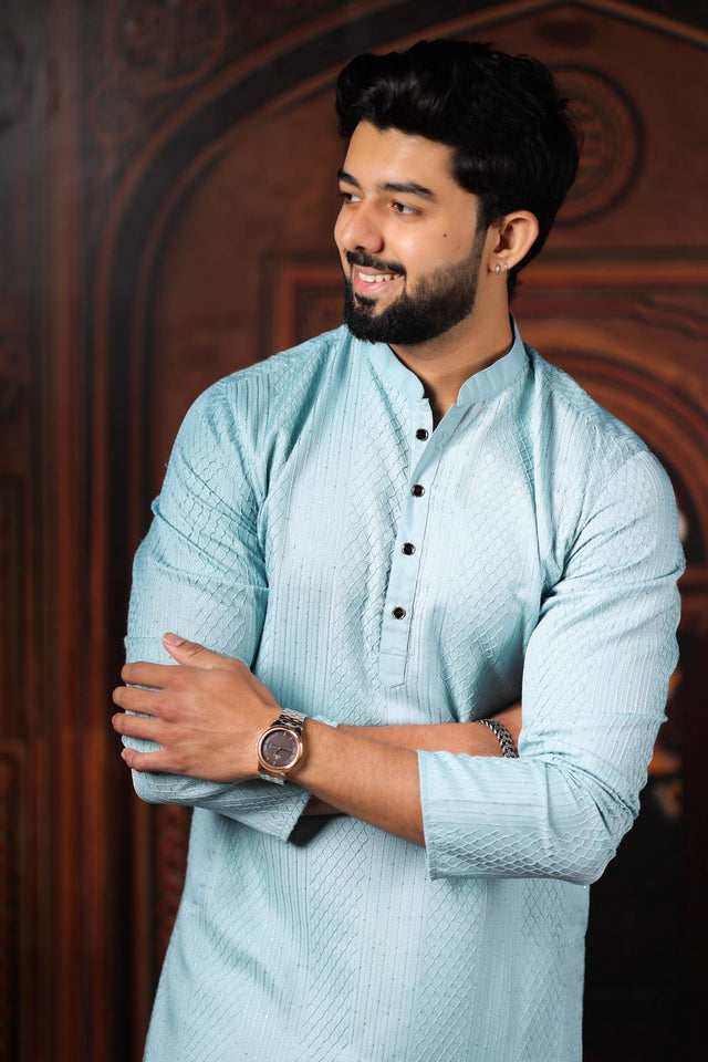 Mens Blue Embroidered Cotton Kurta Set (ACA7304)
