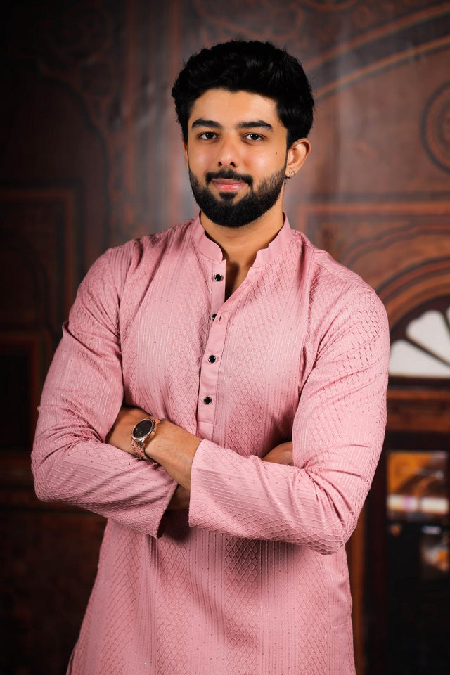 Mens Pink Embroidered Cotton Kurta Set (ACA7305)