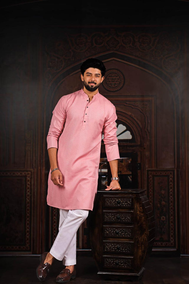 Mens Pink Embroidered Cotton Kurta Set (ACA7305)