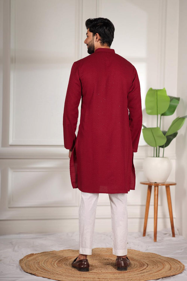 Mens Maroon Embroidered Cotton Kurta Set (ACA7306)