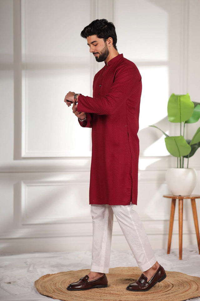 Mens Maroon Embroidered Cotton Kurta Set (ACA7306)
